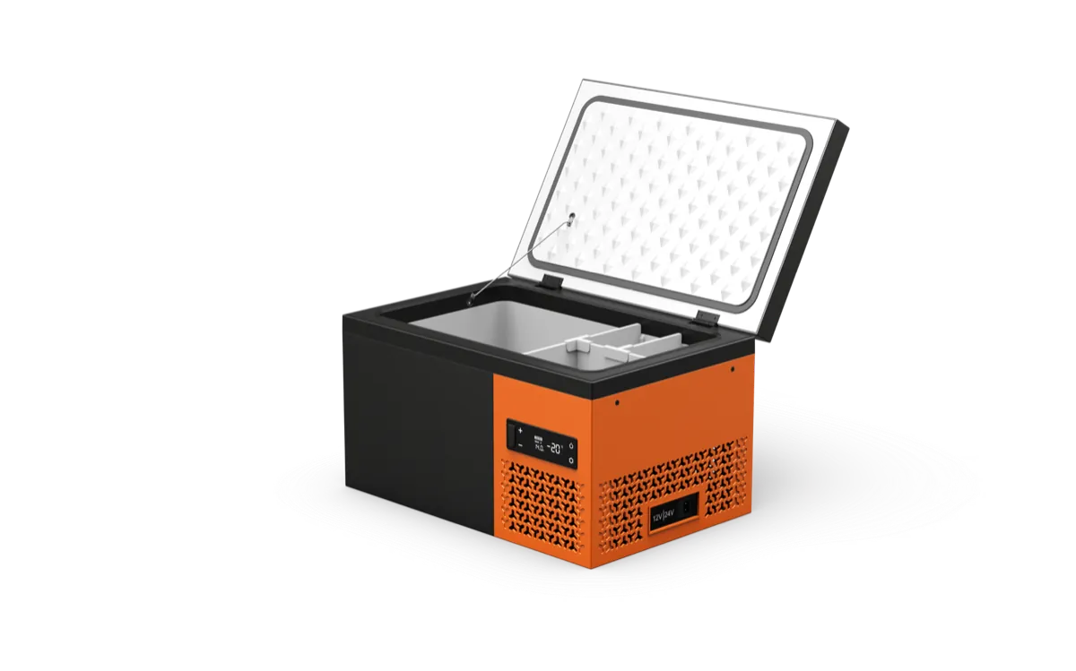 Glacière compacte S18 orange et noire avec le couvercle ouvert.