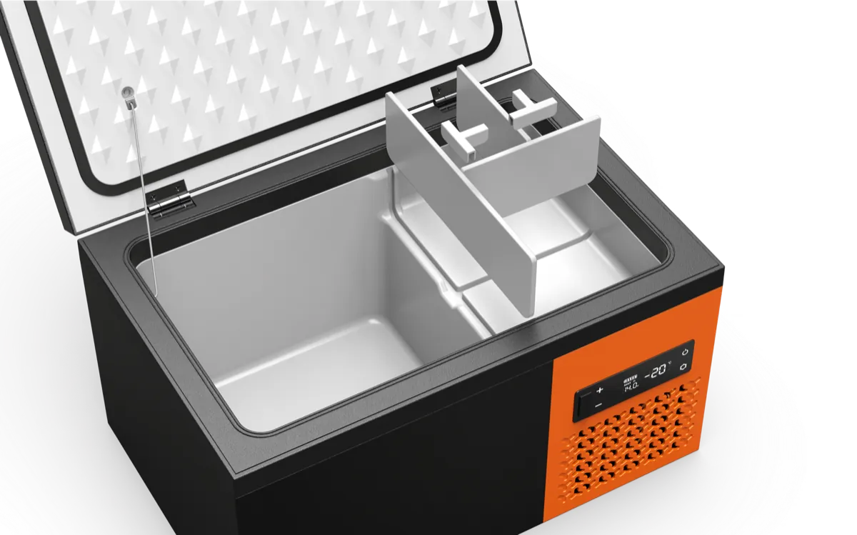 Réfrigérateur portable S18 ouvert montrant la cloison amovible dans son compartiment