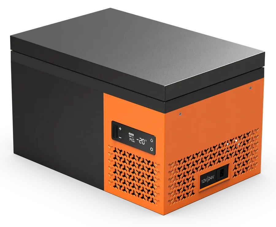 Réfrigérateur portable compact S18 orange et noir avec afficheur de température frontal