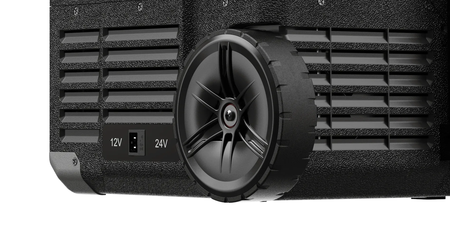 EXM Series wheel detail beside ventilation grilles and a 12V/24V DC power inlet.