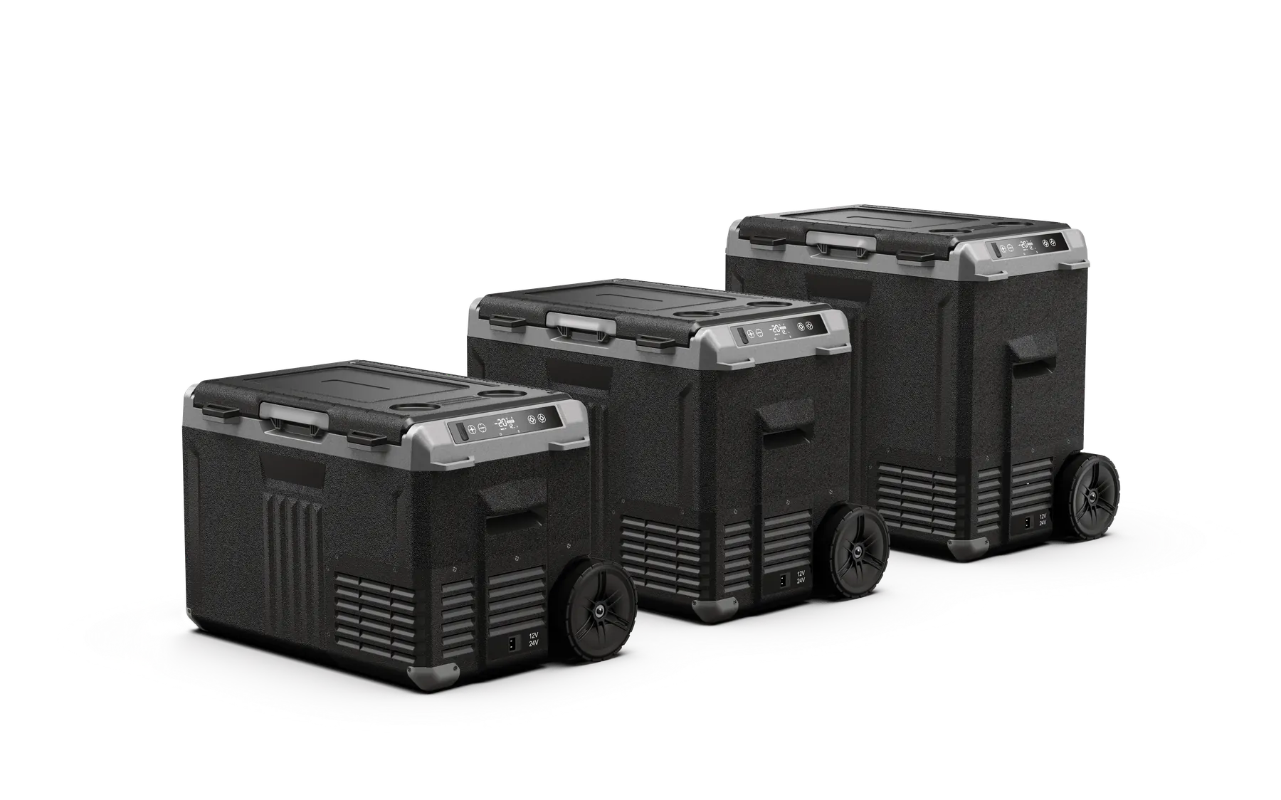 EXM30 30L, EXM40 40L and EXM50 50L wheeled compressor car refrigerators arranged from shortest to tallest.