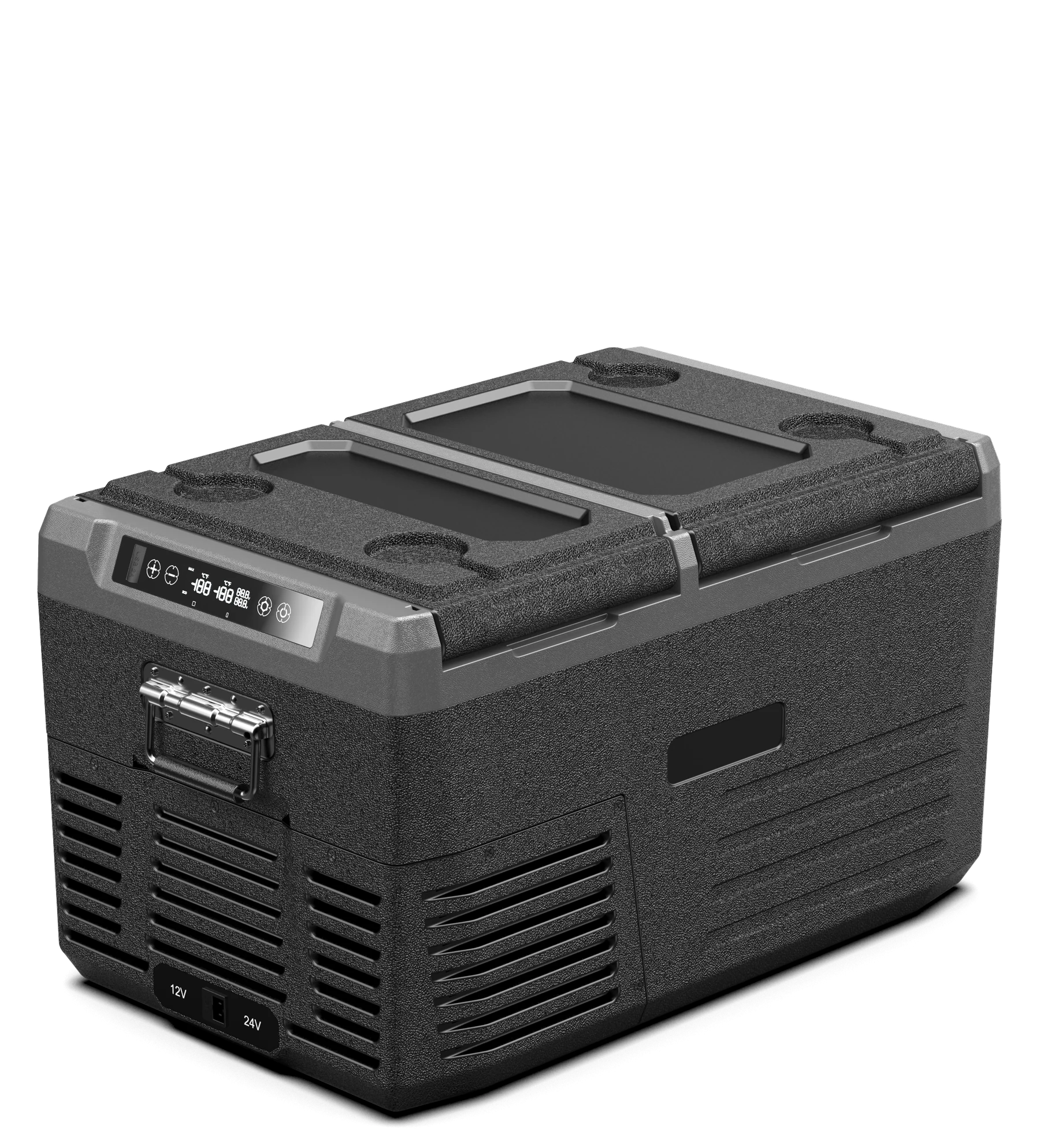 Black GL35 35 L dual-zone compressor car refrigerator with two closed lids, digital temperature controls and metal carry handle.