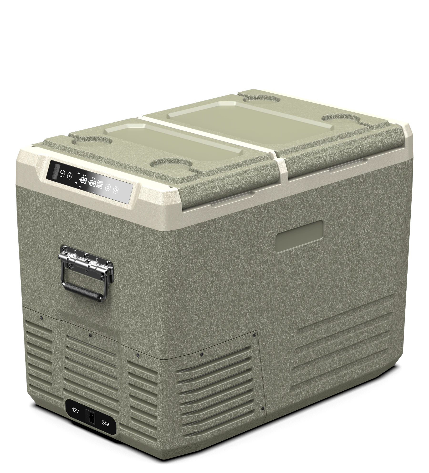 Sage-green GL55 55 L dual-zone compressor car refrigerator with two closed lids, digital temperature controls and metal carry handle.
