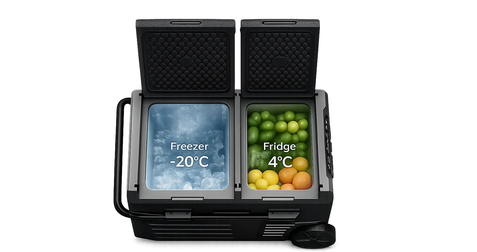 Open M Series fridge with separate freezer and fresh-food compartments