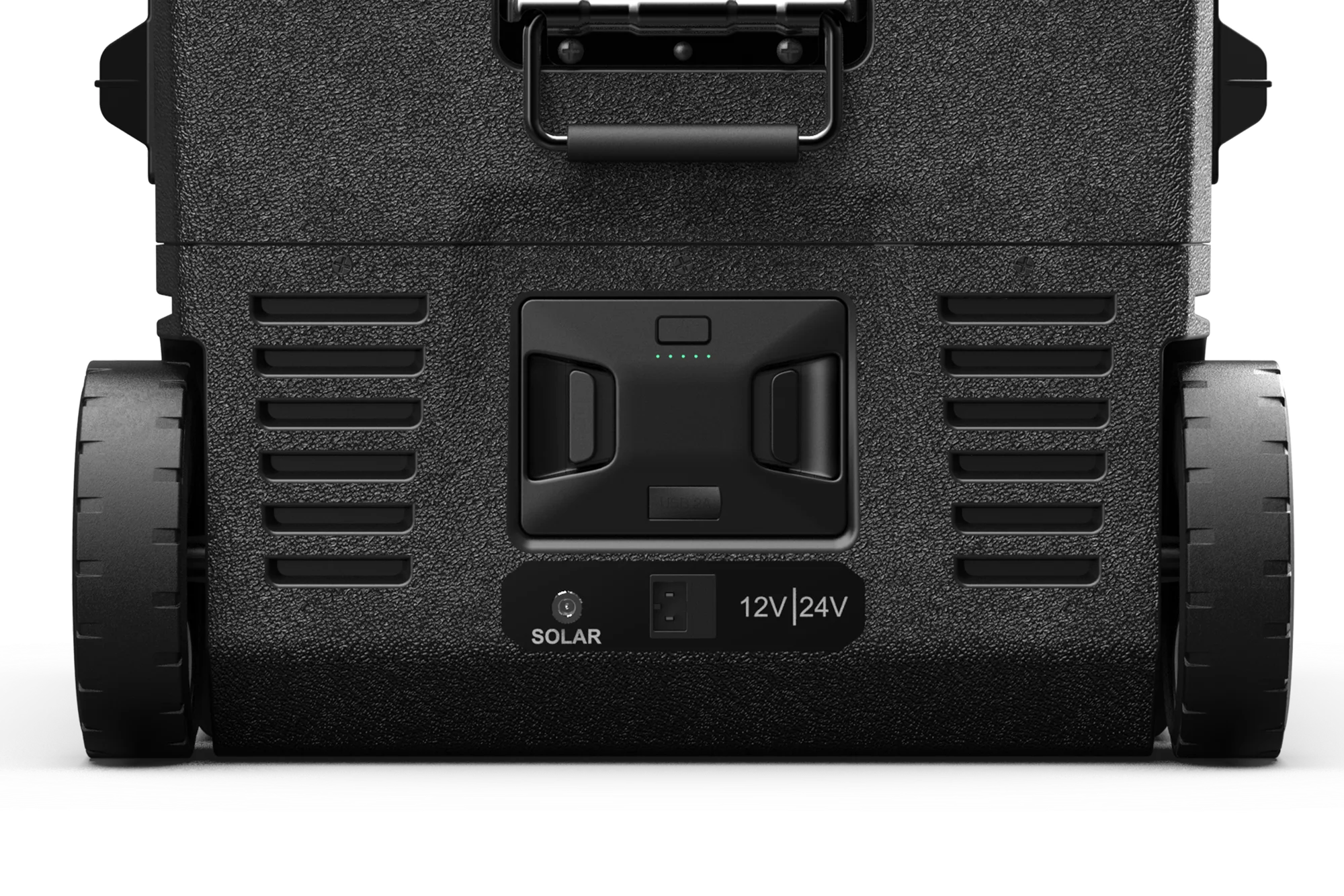 Rear of M Series showing the battery bay, dedicated SOLAR input and 12V / 24V DC input