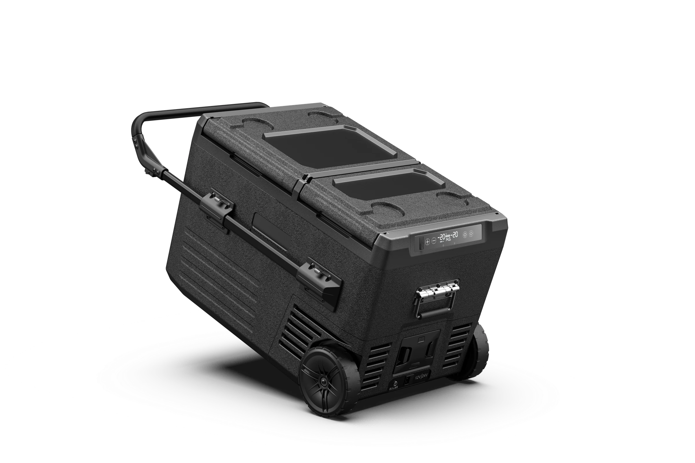 M Series 35–55L tilted onto its wheels with the pull handle extended.