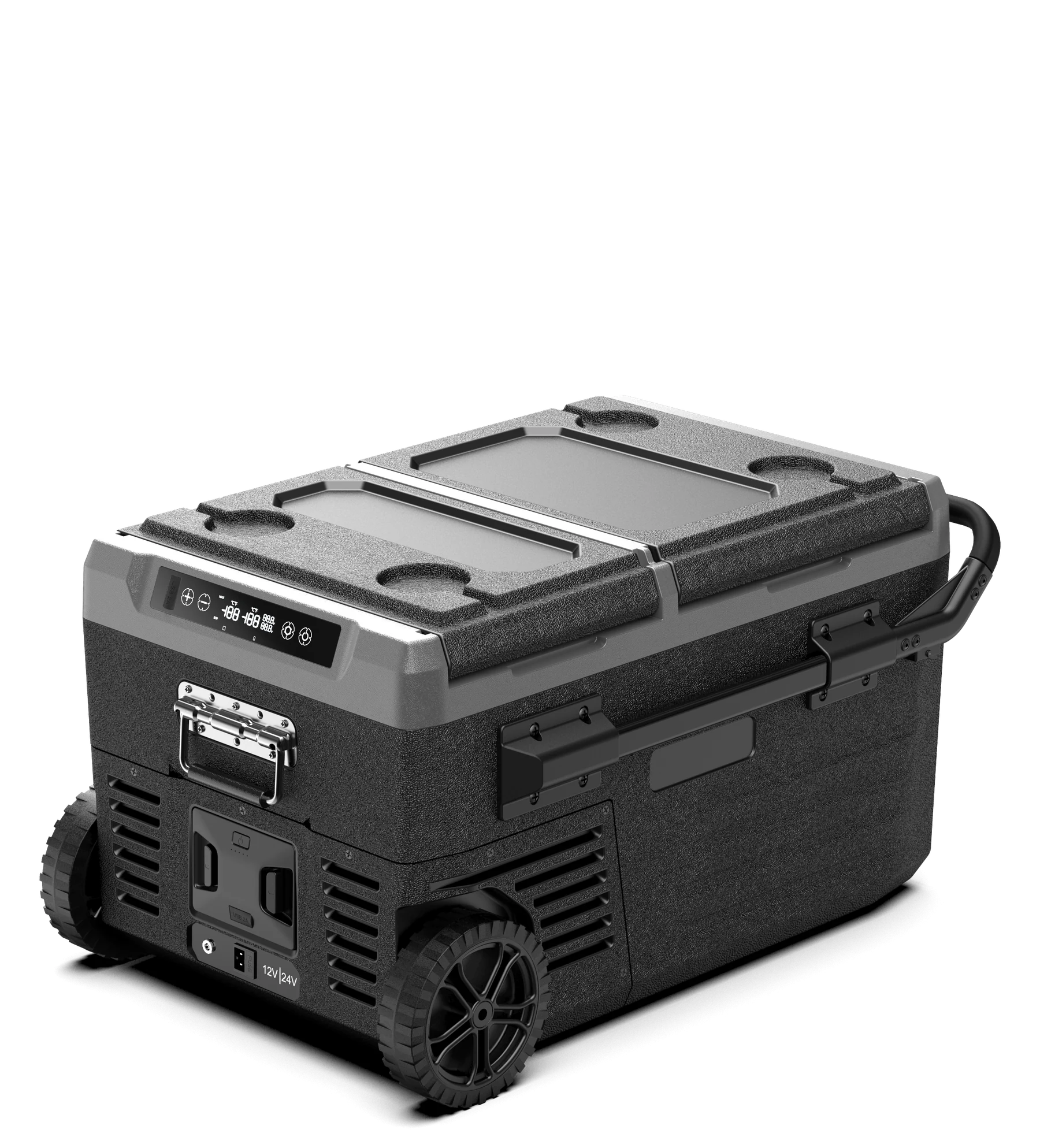 Closed black M35 35L wheeled dual-zone compressor car refrigerator with two lids and a folded pull handle.